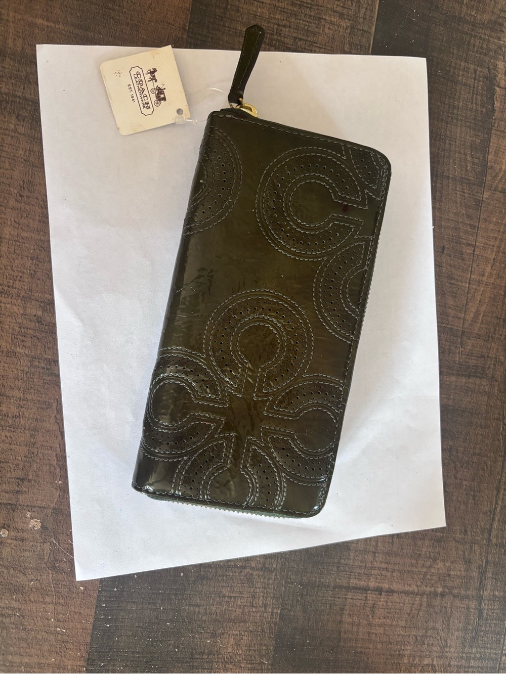 Coach Olive Green Patent Leather Zip Wallet with Logo Stitching